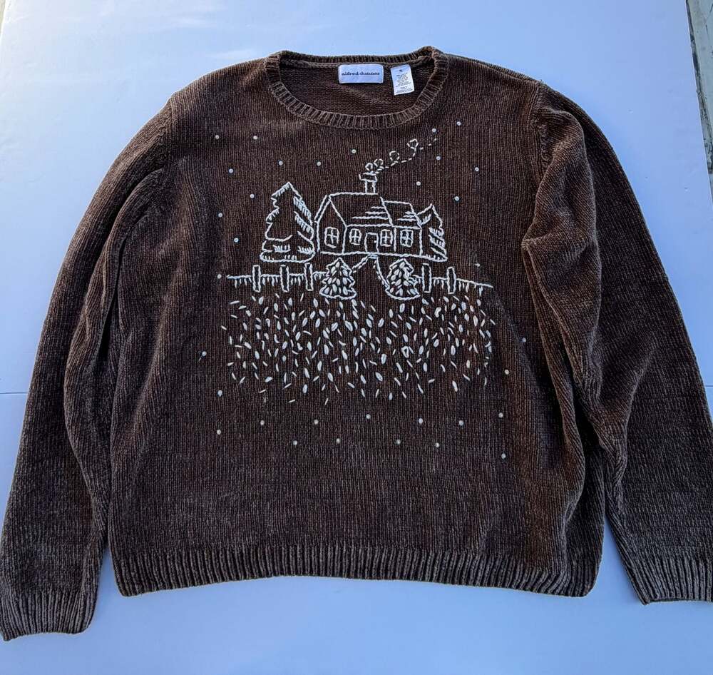 Alfred Dunner Women's Brown  Embroidered Cottage Winter Scene Sweater Size XL